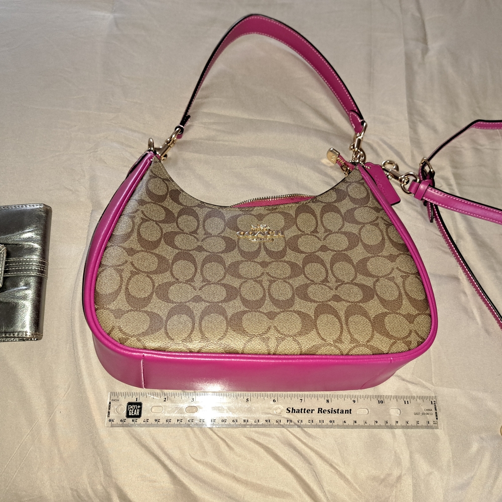 Coach Pink and Tan Shoulder Bag with Signature Monogram